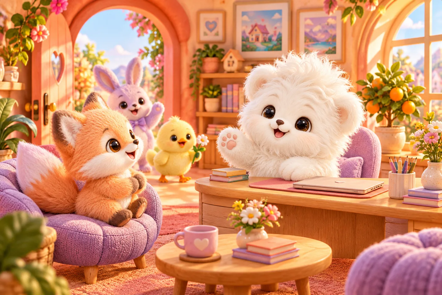 Das Maskottchen begrüßt einen Besucher zum Gespräch.