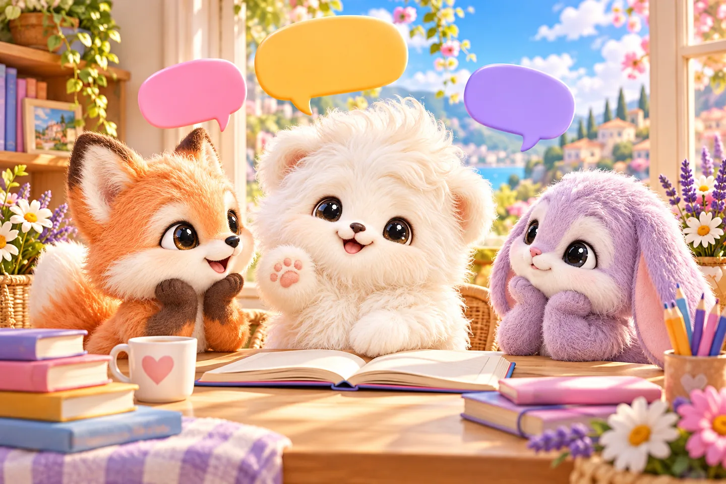 Das Flauschmaskottchen bespricht eine Idee mit seinem Fuchsfreund.