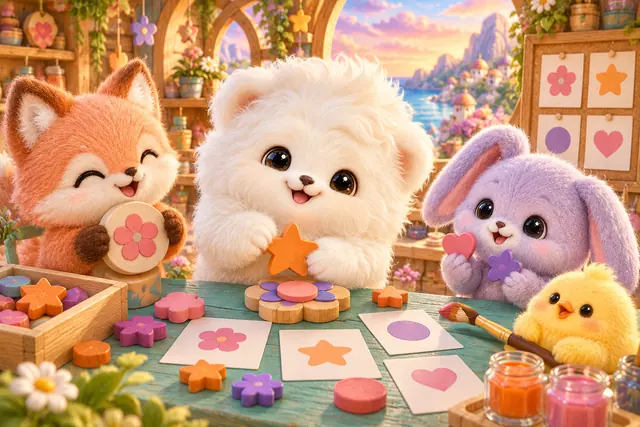 Das Flauschmaskottchen gestaltet kleine Zeichen und Symbole.