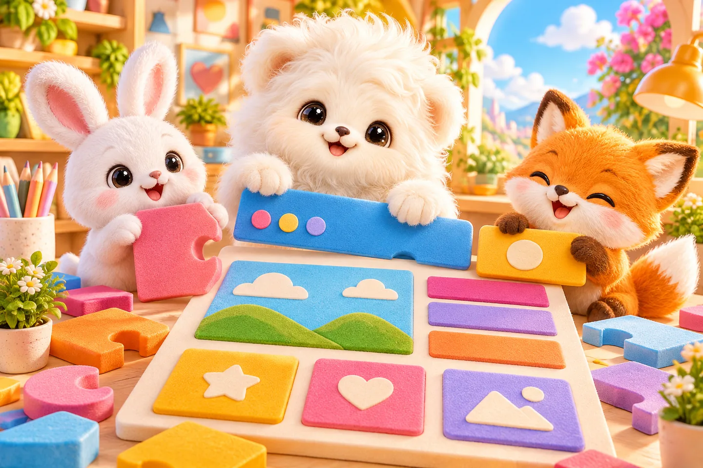 Das Maskottchen ordnet gestaltete Bausteine ohne Programmierung an.